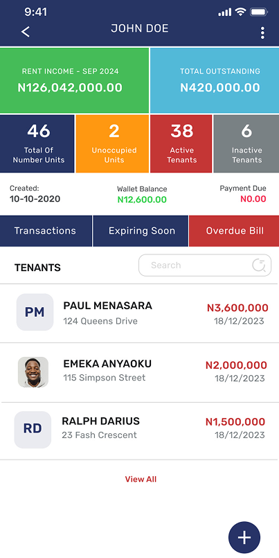 TELAH app screen showing client details review with tenant information and bank account details