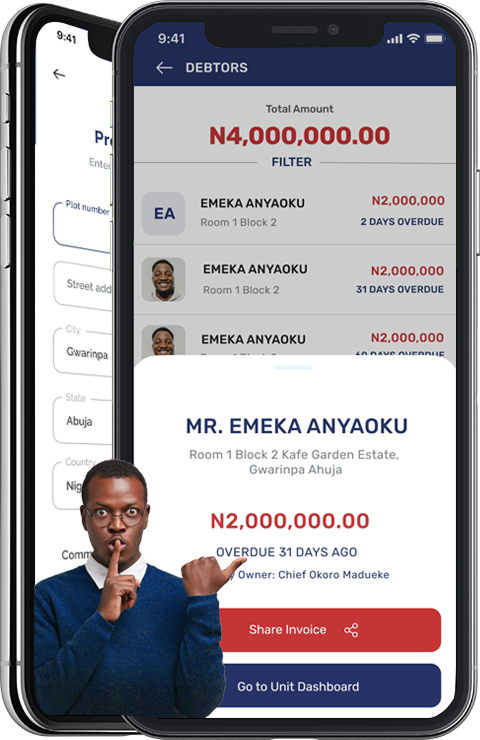 TELAH mobile app dashboard showing rent ledger and tenant management features