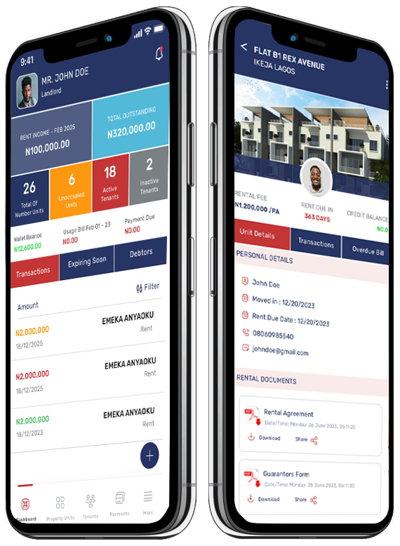 TELAH mobile app displaying tenant details, rent dashboard and property list on two phone screens